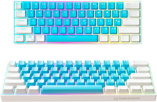 KRAKEN KEYBOARDS Pro 60 Percent Keyboard 60% Gaming Keyboard Mechanical - White & Blue - HOT SWAPPABLE - for Gaming On PC, Xbox, PlayStation & MAC (ICE | Silver Switches)