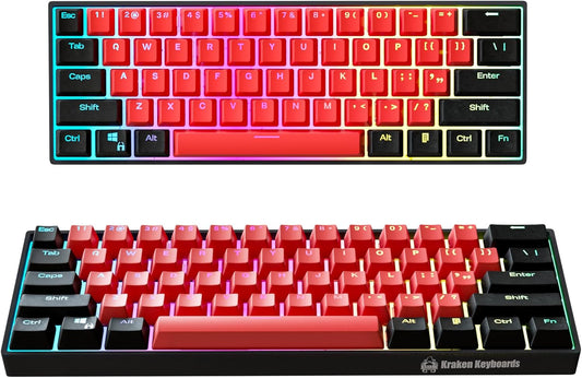 KRAKEN KEYBOARDS Pro 60 Percent Keyboard 60% Gaming Keyboard Mechanical - Black & Red - HOT SWAPPABLE - for Gaming On PC, Xbox, PlayStation & MAC (BRED | Silver Switches)