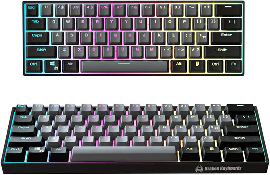 Kraken Keyboards Pro 60 Percent Keyboard 60% Gaming Keyboard Mechanical - Black & Grey - HOT SWAPPABLE - for Gaming On PC, Xbox, PlayStation & MAC (Stealth | Silver Switches)