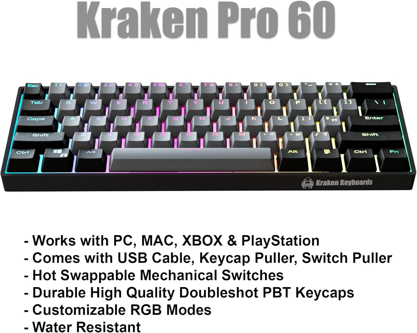 Kraken Keyboards Pro 60 Percent Keyboard 60% Gaming Keyboard Mechanical - Black & Grey - HOT SWAPPABLE - for Gaming On PC, Xbox, PlayStation & MAC (Stealth | Silver Switches)
