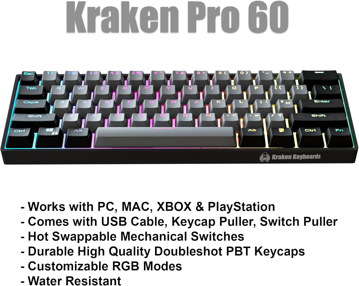 Kraken Keyboards Pro 60 Percent Keyboard 60% Gaming Keyboard Mechanical - Black & Grey - HOT SWAPPABLE - for Gaming On PC, Xbox, PlayStation & MAC (Stealth | Silver Switches)