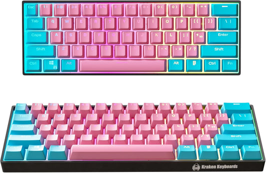 KRAKEN KEYBOARDS Pro 60 Percent Keyboard 60% Gaming Keyboard Mechanical - Blue & Pink - HOT SWAPPABLE - for Gaming On PC, Xbox, PlayStation & MAC (Cotton Candy | Silver Switches)